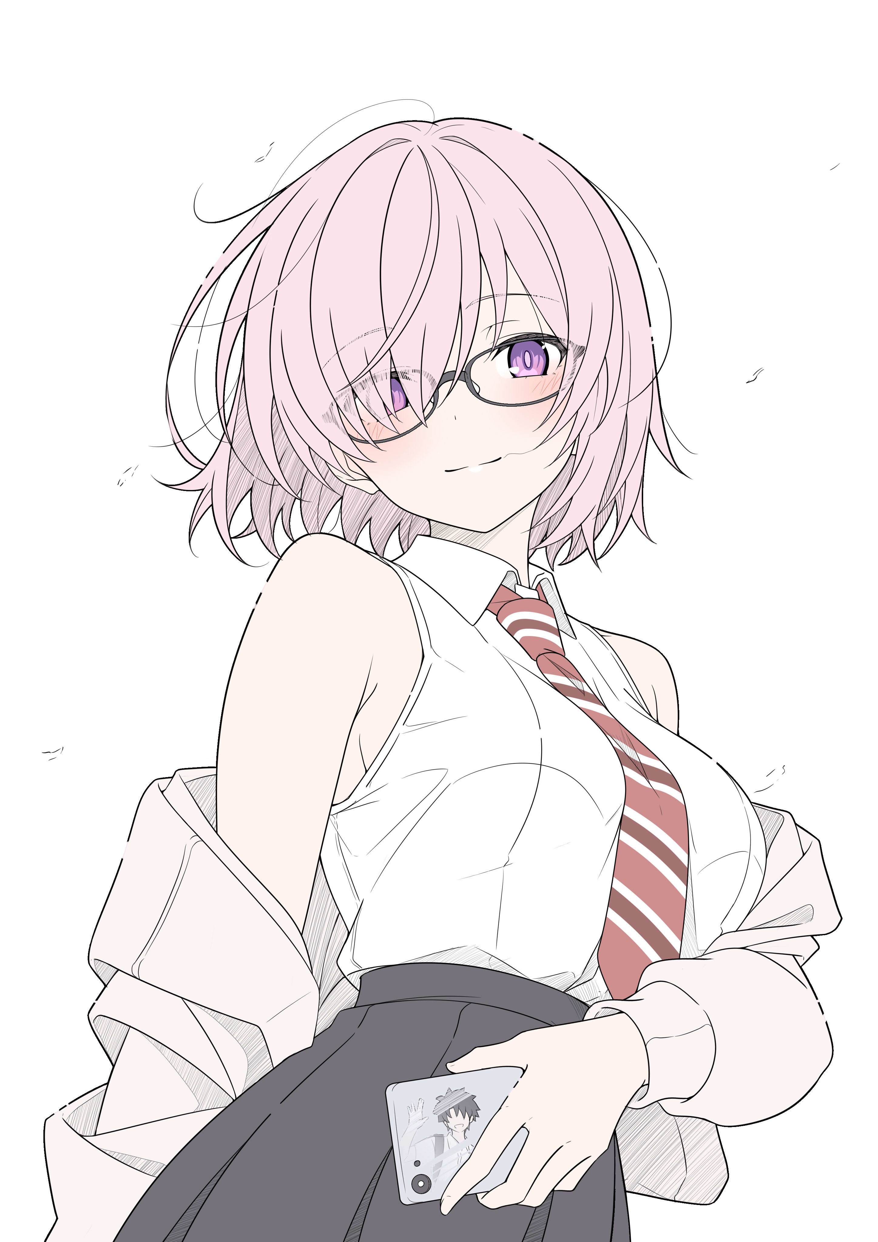 t1kosewad, fujimaru ritsuka (male), mash kyrielight, fate/grand order, fate (series), absurdres, commentary, highres, symbol-only commentary, 1boy, 1girl, black skirt, blush, cellphone, glasses, grey jacket, holding, holding phone, jacket, looking at viewer, phone, pink hair, purple eyes, shirt, simple background, skirt, sleeveless, sleeveless shirt, smartphone, smile, solo focus, white background, white shirt