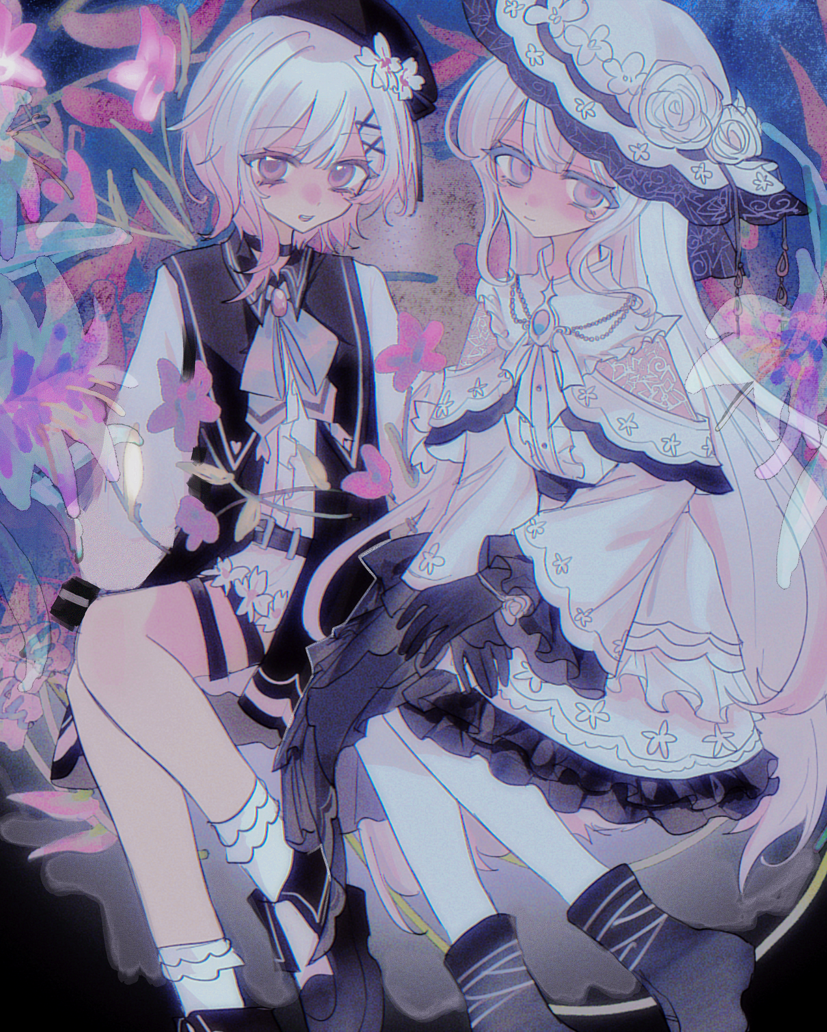 sakuraba ema, tsukishiro yuki, mahou shoujo no majo saiban, absurdres, chinese commentary, commentary request, commission, highres, second-party source, spoilers, 2girls, beret, black choker, black gloves, black hat, black ribbon, black shoes, choker, closed mouth, dress, flower, frilled dress, frilled sleeves, frills, gloves, gradient hair, hair ornament, hat, hat flower, long hair, long sleeves, looking at viewer, multicolored hair, multiple girls, neck ribbon, own hands together, pantyhose, pink eyes, ribbon, shoes, short hair, shorts, sitting, smile, socks, wei laozi, white dress, white flower, white hair, white hat, white pantyhose, white shorts, white socks, x hair ornament