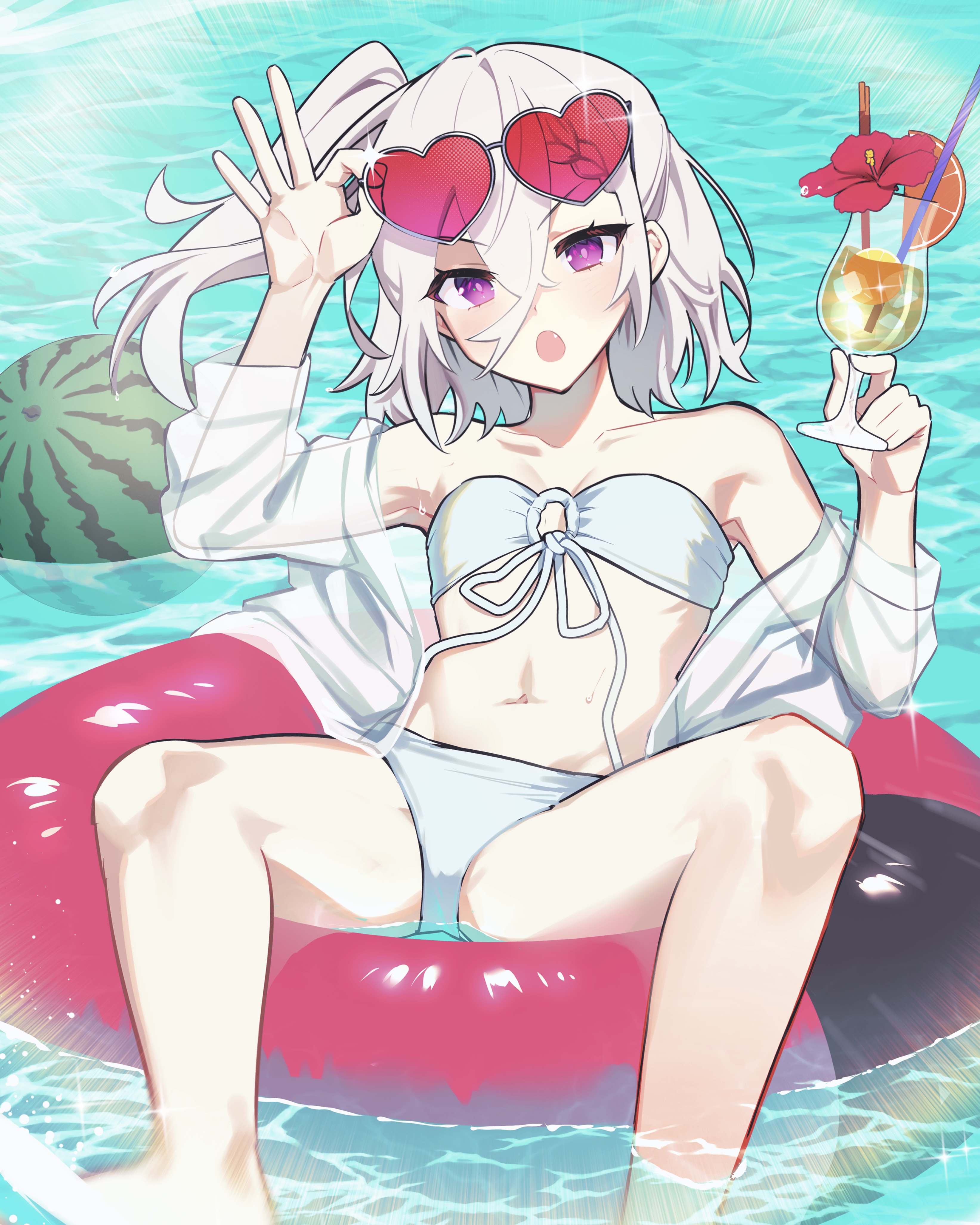 sashiro koma, z1 leberecht maass (azur lane), azur lane, absurdres, commentary, english commentary, highres, bare shoulders, bikini, blush, breasts, clothes pull, cocktail glass, cup, drinking glass, eyewear on head, fang, front-tie bikini top, front-tie top, full body, hair between eyes, hands up, heart, heart-shaped eyewear, medium hair, navel, o-ring, o-ring bikini, off shoulder, on innertube, purple eyes, see-through clothes, see-through shirt, shirt, shirt pull, side ponytail, small breasts, spread legs, stomach, sunglasses, surprised, swimsuit, water, wet, wet clothes, wet shirt, white bikini, white hair, white shirt