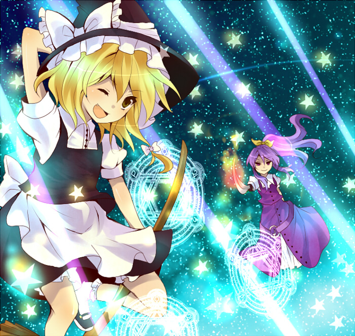 kurosawa kazuto, kirisame marisa, watatsuki no yorihime, touhou, bad id, bad pixiv id, 2girls, :d, ;d, arm behind head, blonde hair, broom, broom riding, fang, female focus, magic circle, multiple girls, one eye closed, open mouth, purple hair, smile, star (symbol), sword, weapon