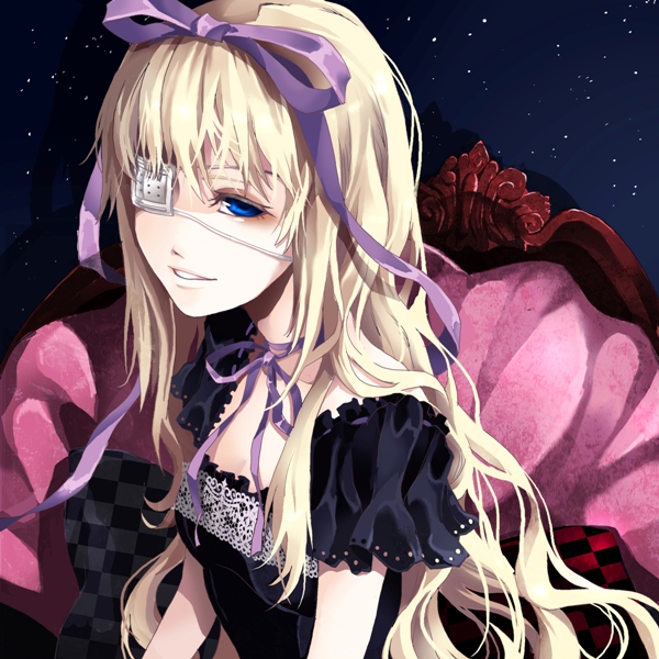 kyo zip, original, bad id, bad pixiv id, blonde hair, blue eyes, dress, eyepatch, gothic lolita, hair ribbon, lolita fashion, long hair, ribbon, solo