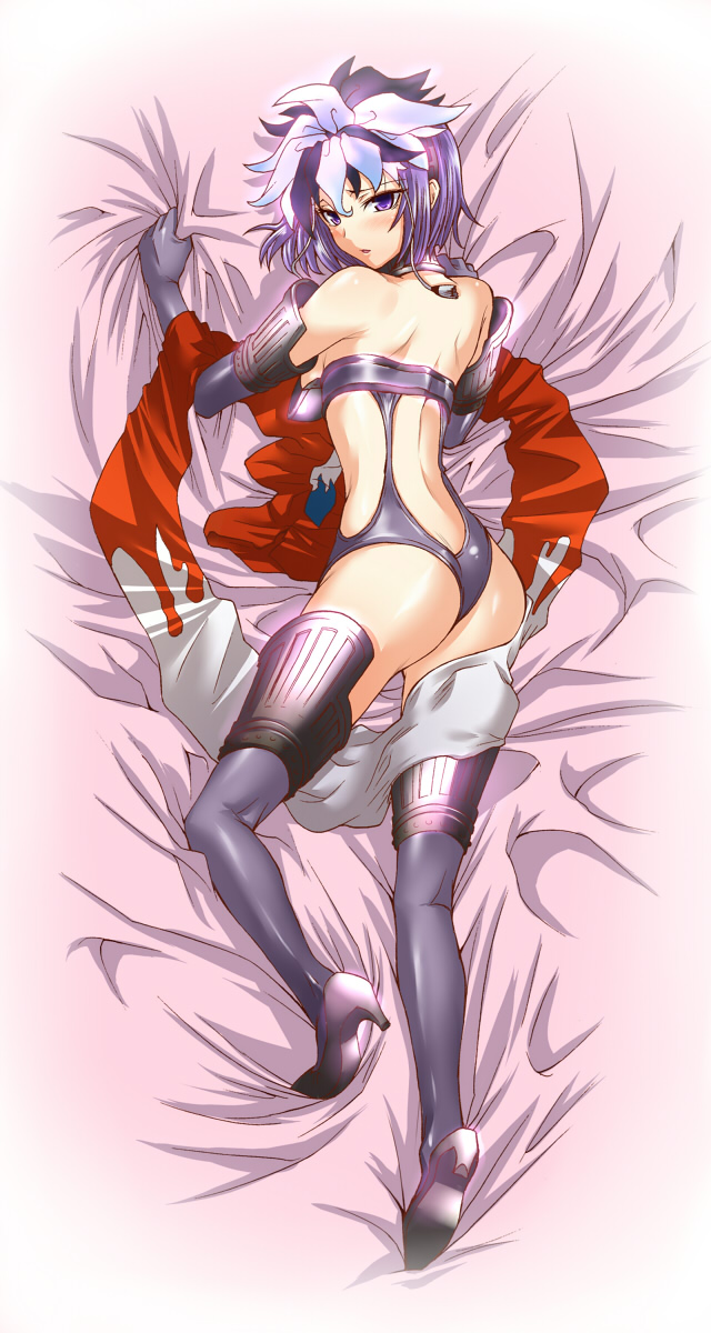 segami daisuke, kuzuryuu amane, devil survivor (series), devil survivor 1, persona, persona 3, highres, long image, tall image, 1girl, all fours, alternate costume, ass, back, backboob, bare shoulders, bed, bed sheet, black gloves, black thighhighs, blush, body blush, boots, breasts, choker, dakimakura (medium), elbow gloves, feathers, female focus, full body, gloves, hair ornament, headdress, high-cut armor (persona), high heel boots, high heels, kneepits, legs, looking at viewer, looking back, parted lips, purple eyes, purple hair, sheet grab, shiny clothes, shiny skin, short hair, solo, the bed, thigh boots, thighhighs, thighs, unworn clothes