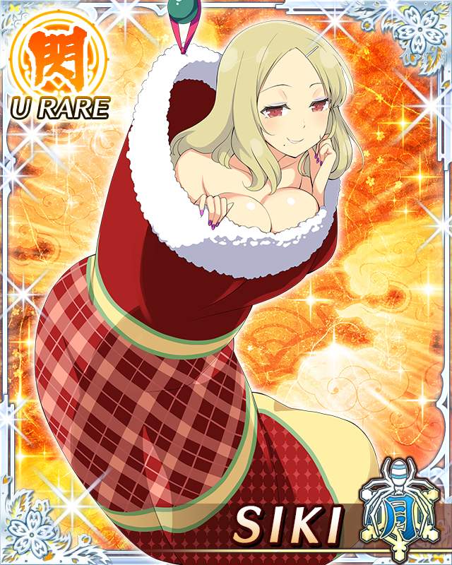 shiki (senran kagura), senran kagura, senran kagura new wave, game cg, official art, third-party source, 1girl, blonde hair, border, breast press, breasts, card (medium), character name, christmas stocking, hair ornament, hairclip, hand on own cheek, hand on own face, hanging, in sock, large breasts, long hair, looking at viewer, middle part, mole, mole under mouth, nail polish, parted bangs, red eyes, seductive smile, smile, solo