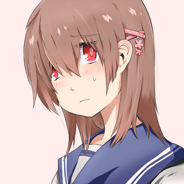 mizushirazu, original, eyebrows, bad id, bad pixiv id, 1girl, blush, brown hair, female focus, hair between eyes, hair ornament, hair over eyes, hairclip, red eyes, school uniform, serafuku, short hair, solo, sweatdrop, tears