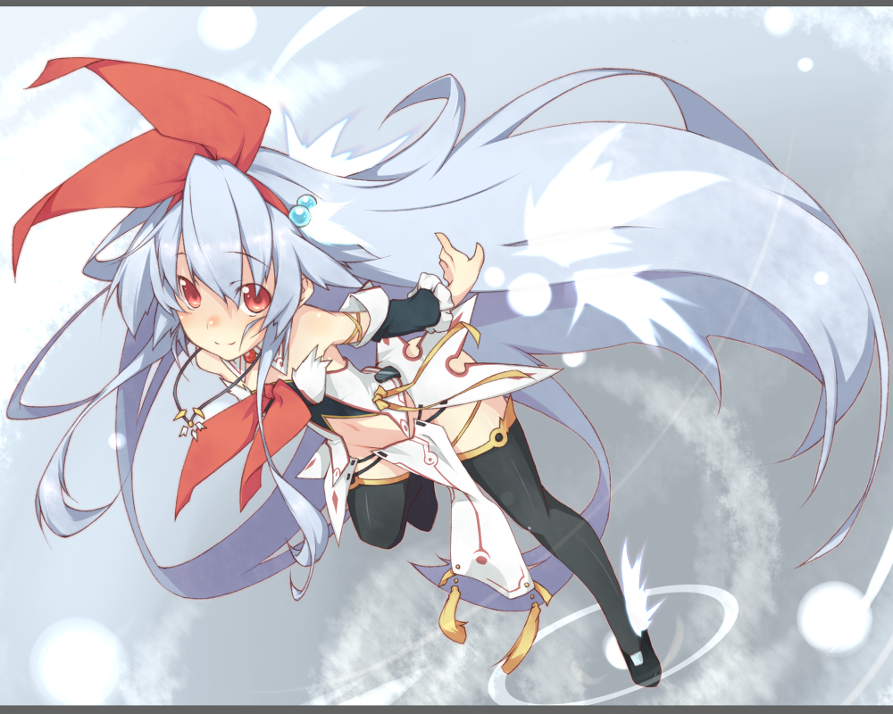 kazami mioyoru, kazami ryouya, original, bad id, bad pixiv id, 1girl, blue hair, choker, detached sleeves, female focus, flat chest, groin, hair bobbles, hair ornament, hair ribbon, jewelry, legs, loincloth, long hair, navel, necklace, red eyes, ribbon, solo, thighhighs, very long hair