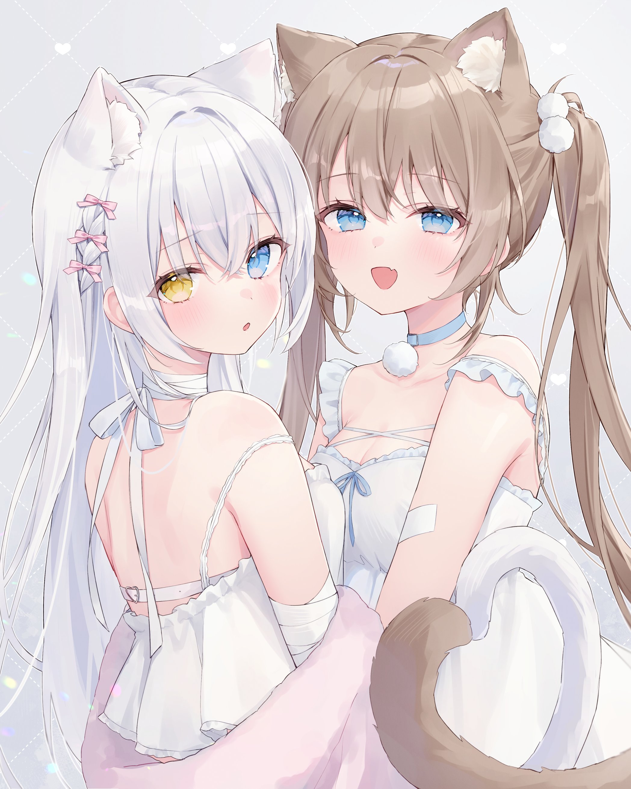 shano hiyori, original, absurdres, commentary, highres, 2girls, animal ear fluff, animal ears, bare shoulders, blue choker, blue eyes, breasts, brown hair, cat ears, cat girl, cat tail, choker, cleavage, dress, extra ears, heart tail duo, heterochromia, long hair, looking at viewer, looking back, multiple girls, parted lips, shirt, sleeveless, sleeveless dress, small breasts, spaghetti strap, strap slip, tail, twintails, upper body, very long hair, white dress, white hair, white shirt, yellow eyes