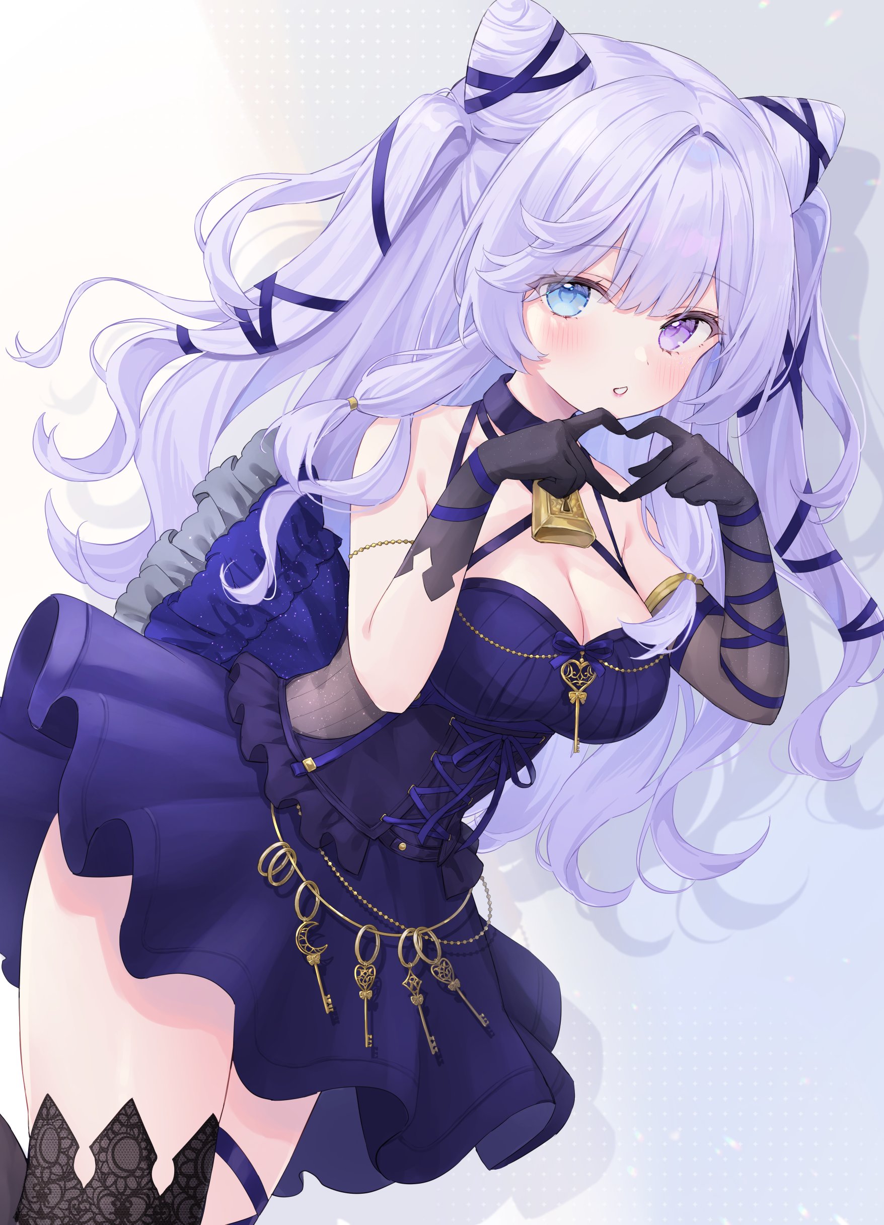 shano hiyori, original, absurdres, commentary, commission, highres, skeb commission, 1girl, bare shoulders, bell, black choker, black gloves, black thighhighs, blue eyes, breasts, choker, cleavage, cone hair bun, double bun, dress, frilled dress, frills, gloves, hair bun, halterneck, heart, heart hands, heterochromia, key, large breasts, long hair, looking at viewer, parted lips, purple dress, purple eyes, purple hair, sleeveless, sleeveless dress, solo, spaghetti strap, thighhighs, thighs, wavy hair, zettai ryouiki