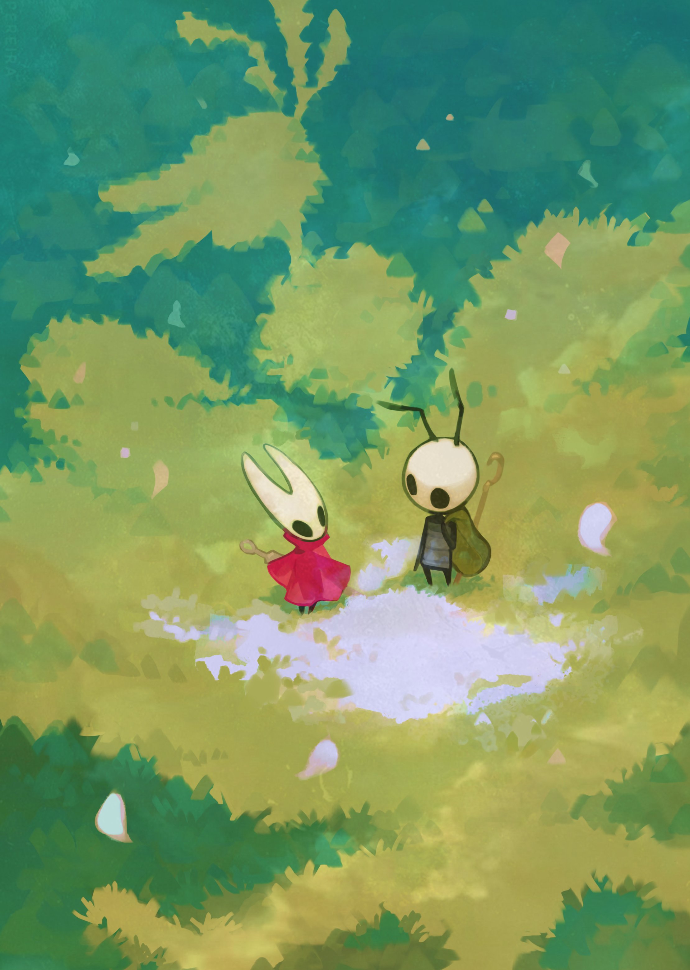 hornet (hollow knight), hollow knight, hollow knight: silksong, absurdres, commentary, highres, symbol-only commentary, 1boy, 1girl, arthropod boy, arthropod girl, black eyes, cloak, falling petals, horns, looking at another, needle (hollow knight), nyleth (hollow knight), on grass, petals, pin (hollow knight), red cloak, seth (hollow knight), standing, sunmk s2
