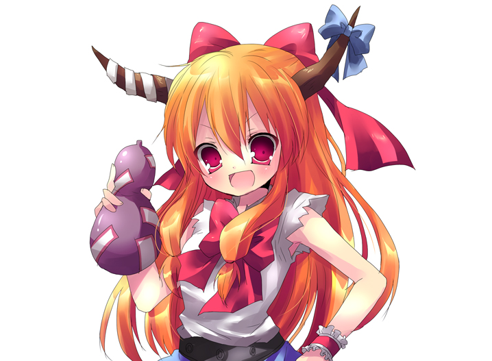kosuzume, ibuki suika, touhou, bad id, bad pixiv id, 1girl, female focus, gourd, horns, long hair, oni, orange hair, red eyes, ribbon, simple background, solo, upper body, white background