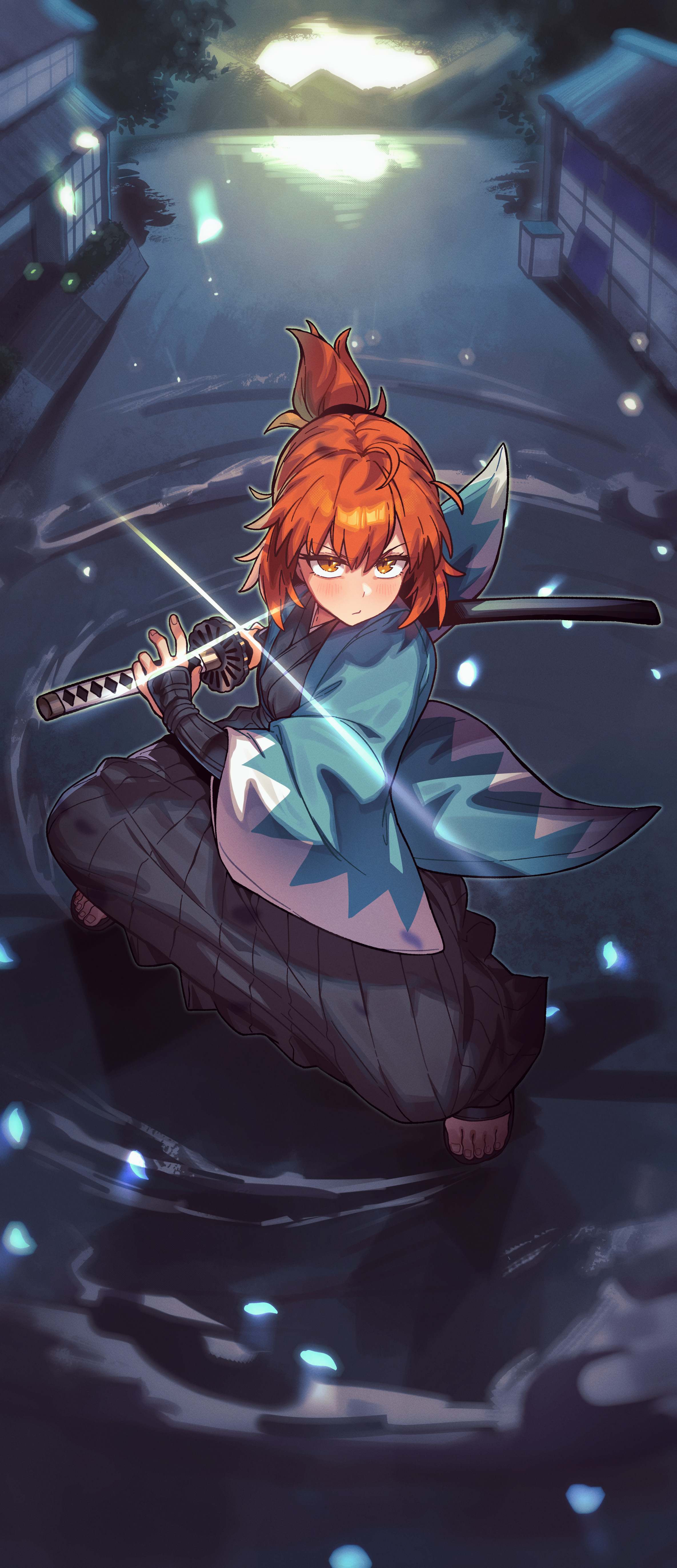 radishkek, fujimaru ritsuka (female), fate/grand order, fate (series), absurdres, highres, 1girl, arm guards, black hakama, blue haori, breasts, drawing sword, fujimaru ritsuka (female) (teal uniform), full body, hakama, haori, holding, holding sword, holding weapon, japanese clothes, katana, kimono, long sleeves, looking at viewer, medium breasts, orange eyes, orange hair, ponytail, shinsengumi, short hair, short ponytail, solo, sword, weapon, white kimono, wide sleeves