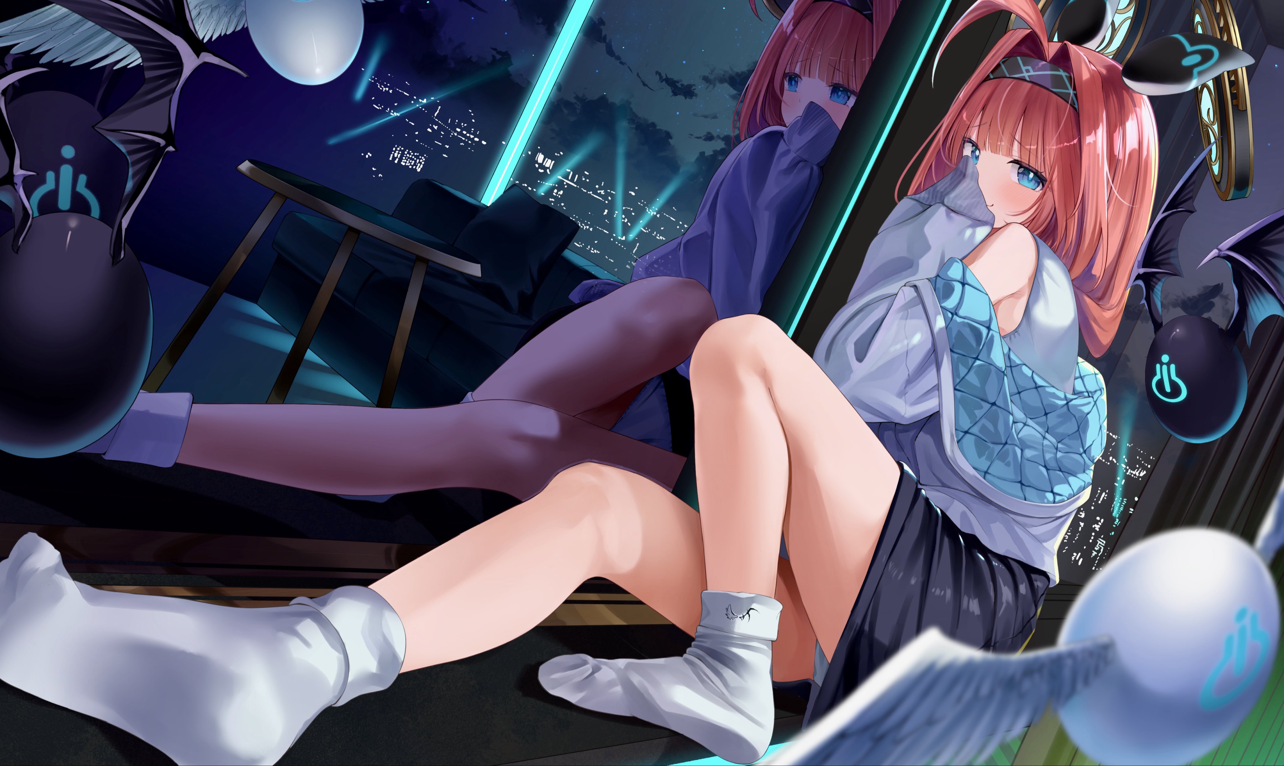 eureka 814, lishenna (shadowverse), shadowverse, shadowverse: worlds beyond, absurdres, commentary request, highres, 1girl, ahoge, bare shoulders, black hairband, black skirt, blue eyes, city lights, cityscape, hair intakes, hairband, jacket, legs, long hair, looking at viewer, night, off-shoulder jacket, off shoulder, red hair, reflection, shirt, skirt, sleeveless, sleeveless shirt, smirk, socks, solo, white jacket, white shirt, white socks, window