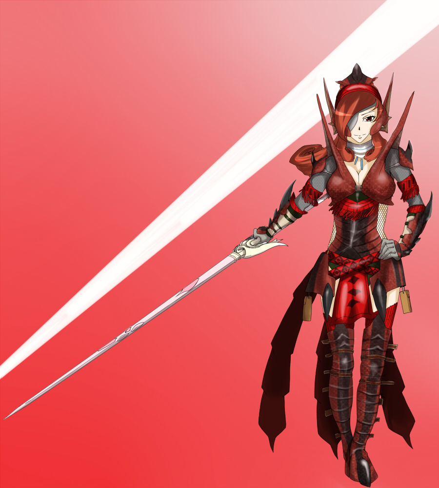 h-u, beatrix, final fantasy, final fantasy ix, 00s, armor, brown eyes, brown hair, choker, eyepatch, long hair, sword, thighhighs, weapon