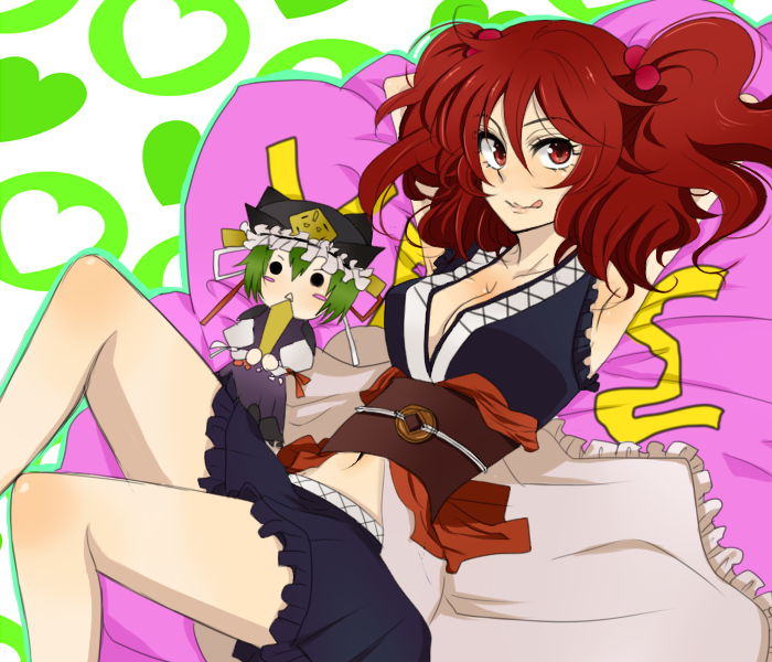 waiko, onozuka komachi, shiki eiki, touhou, bad id, bad pixiv id, 2girls, :<, armpits, breasts, chibi, cleavage, female focus, green hair, hair bobbles, hair ornament, hat, medium breasts, multiple girls, red eyes, red hair, short hair, sleeveless, twintails, two side up
