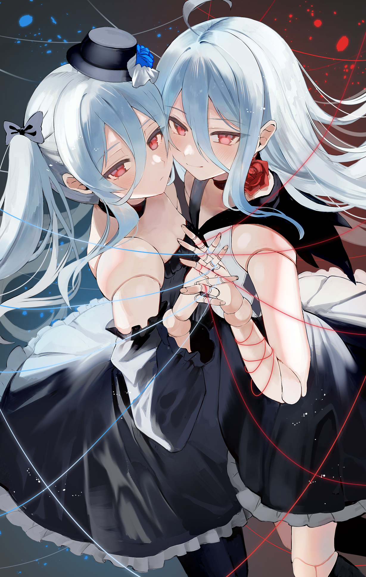 orchis, zwei (shingeki no bahamut), shadowverse, shadowverse: worlds beyond, commentary request, highres, 2girls, ahoge, black bow, black choker, black dress, black hat, bow, choker, detached sleeves, doll joints, dress, flower, frilled dress, frills, grey hair, hair bow, hat, holding hands, icchiko ynd, interlocked fingers, joints, long hair, looking at viewer, mini hat, multiple girls, neck flower, red eyes, red flower, sleeveless, sleeveless dress, string, top hat, twintails