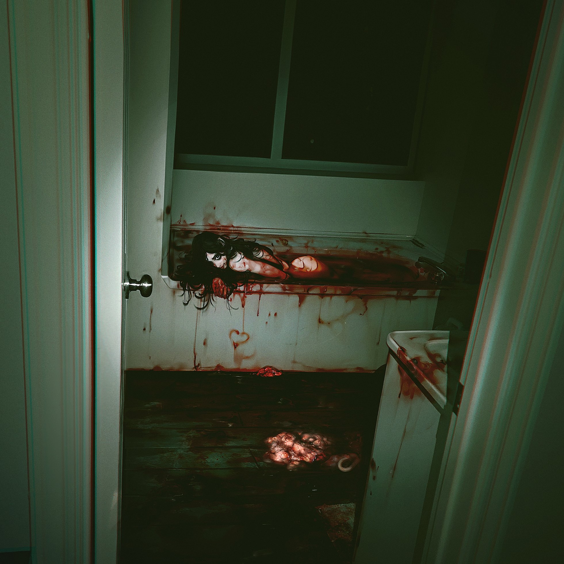 obj shep, original, commentary, english commentary, highres, 1girl, bathtub, black eyes, black hair, door, horror (theme), in bathtub, indoors, long hair, looking at viewer, nude, solo, wooden floor