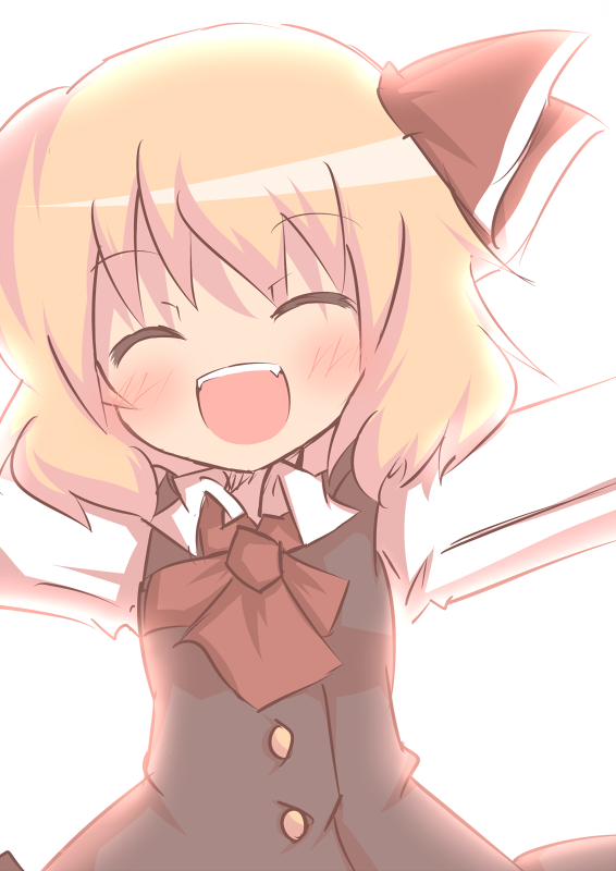 mori no kaeru, rumia, embodiment of scarlet devil, touhou, 1girl, blonde hair, closed eyes, fang, female focus, solo
