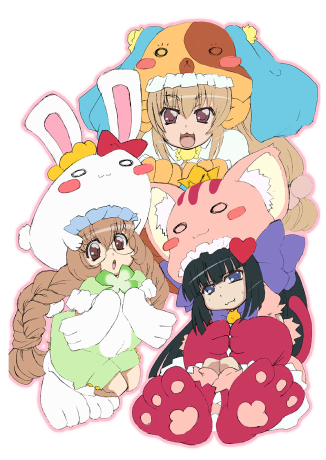 gokkun tororojiru, kagami kuro, kokonoe rin, usa mimi, anyamal tantei kirumin zoo, kodomo no jikan, 00s, :3, animal costume, animal ears, animal hat, black hair, brown hair, cat ears, cat tail, child, crossover, dog ears, glasses, hat, heart, rabbit ears, tail