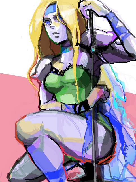 knb, celes chere, final fantasy, final fantasy vi, 1990s (style), 1girl, blonde hair, blue eyes, colored skin, female focus, grey skin, headband, leotard, long hair, retro artstyle, shoulder pads, solo, sword, weapon