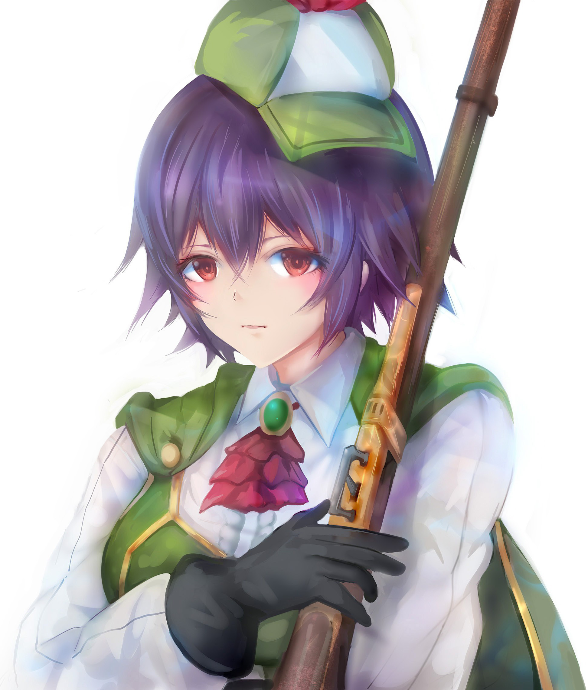 suterisu, suzu (mugen gacha), mugen gacha, commentary request, highres, 1girl, antique firearm, ascot, black gloves, blush, breasts, brooch, cape, center frills, closed mouth, firearm, frilled shirt, frills, gloves, green cape, gun, hair between eyes, hat, holding, holding gun, holding weapon, jewelry, long sleeves, looking at viewer, medium breasts, mini hat, musket, puffy long sleeves, puffy sleeves, purple hair, red ascot, red eyes, shirt, short hair, simple background, solo, weapon, white background, white shirt