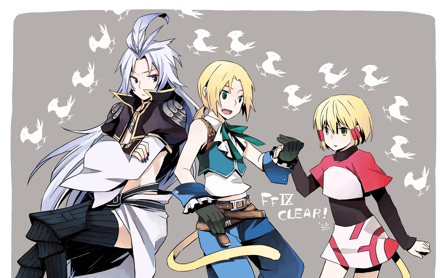 hanabi01, kuja, mikoto (ffix), zidane tribal, final fantasy, final fantasy ix, 00s, belt, blonde hair, gloves, green eyes, grey eyes, grey hair, long hair, open mouth, pants, ponytail, short hair, tail