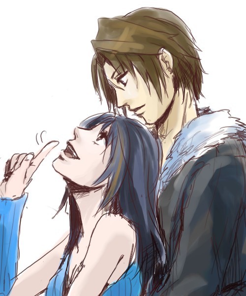 stalwart (artist), rinoa heartilly, squall leonhart, final fantasy, final fantasy viii, 1990s (style), 1boy, 1girl, black hair, brown eyes, brown hair, couple, long hair, multicolored hair, open mouth, short hair, streaked hair