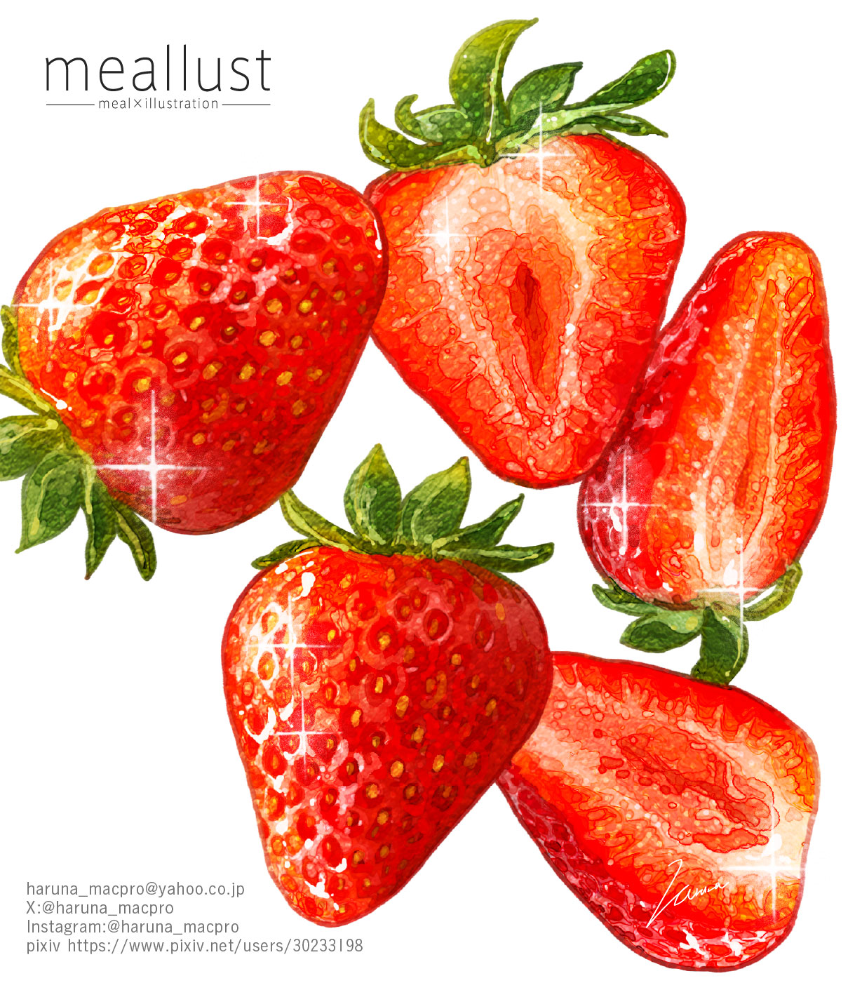 haruna macpro, original, commentary request, highres, artist name, food, food focus, fruit, instagram username, no humans, pixiv username, sparkle, still life, strawberry, twitter username, white background