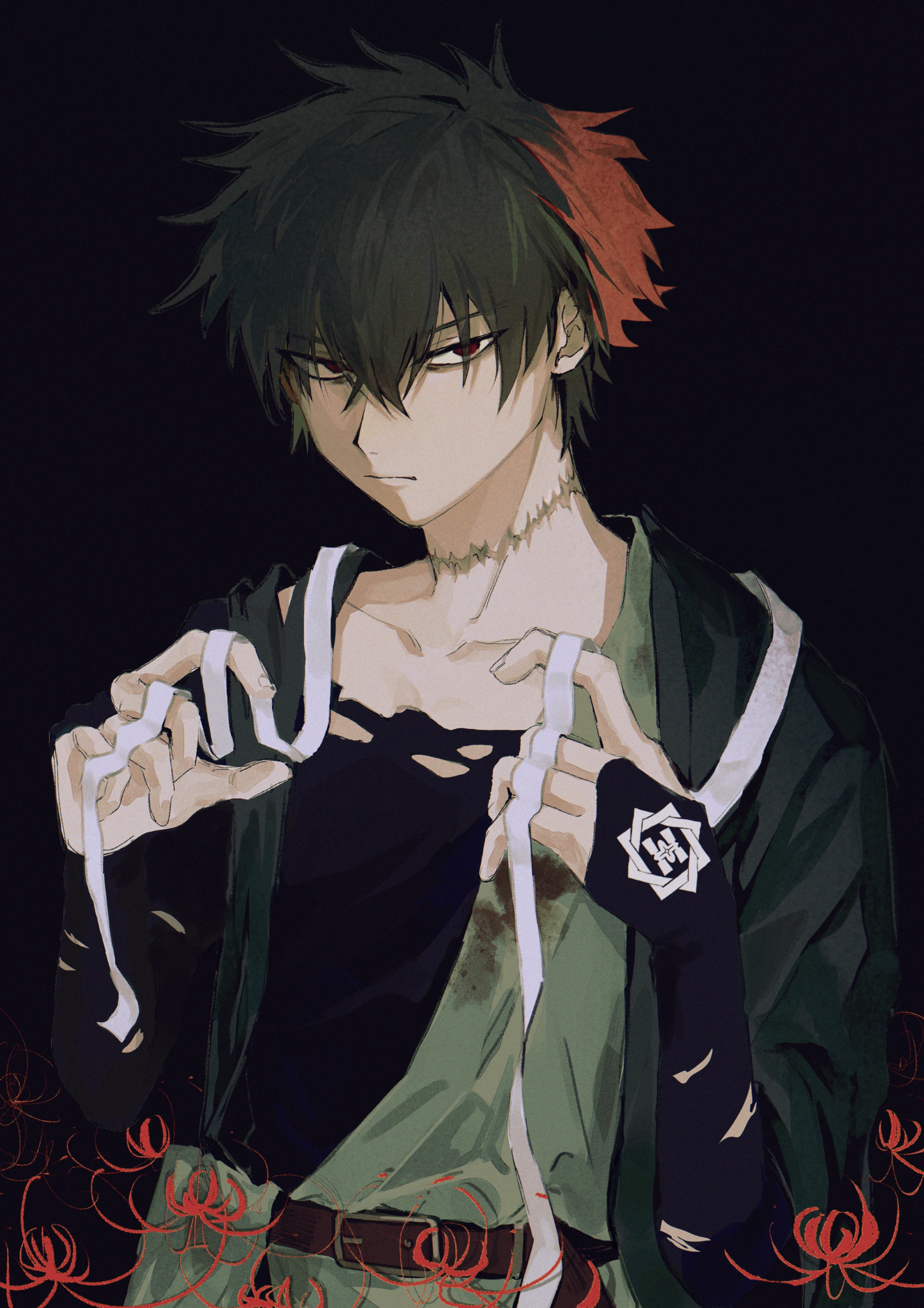 umeboitarou, hizen tadahiro, touken ranbu, absurdres, commentary request, highres, 1boy, angry, black background, black hair, closed mouth, collarbone, flower, hair between eyes, long sleeves, male focus, red eyes, red flower, red hair, scar, scar on neck, solo, spider lily