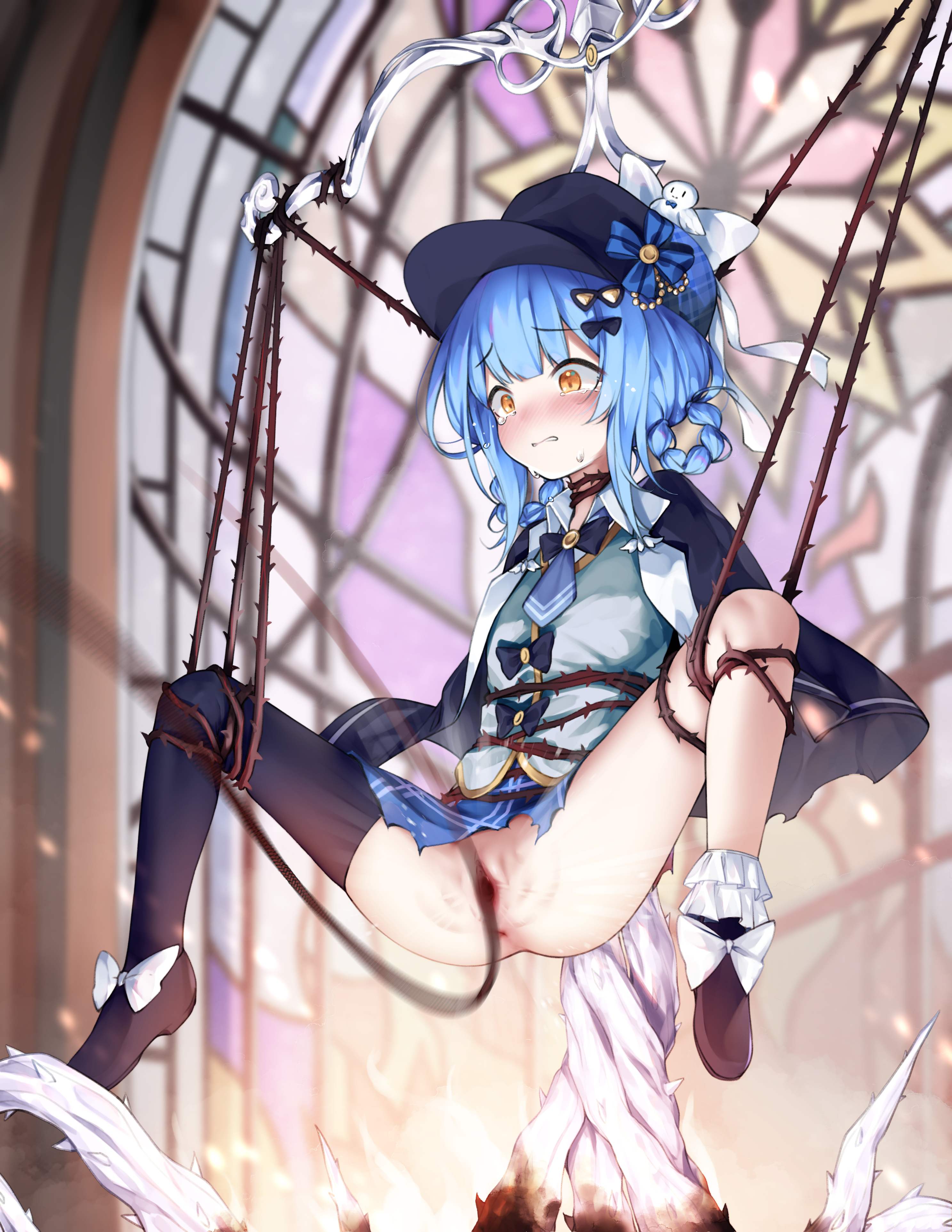 cat cube, tachibana sherry, mahou shoujo no majo saiban, absurdres, commentary request, highres, non-web source, bdsm, bondage, bound, spanking, spanking pussy, whip