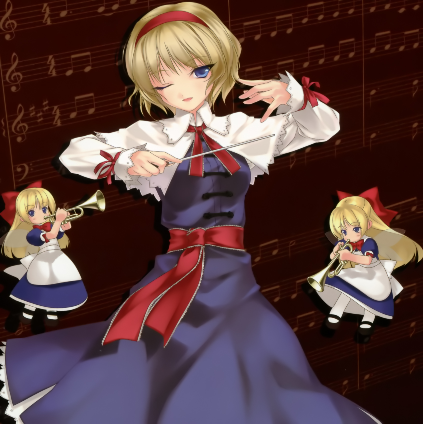 rokuwata tomoe, alice margatroid, shanghai doll, touhou, highres, 3girls, band (music), blonde hair, blue eyes, conductor, conductor baton, doll, female focus, hairband, instrument, multiple girls, ribbon, short hair, solo, standing, trumpet, wings
