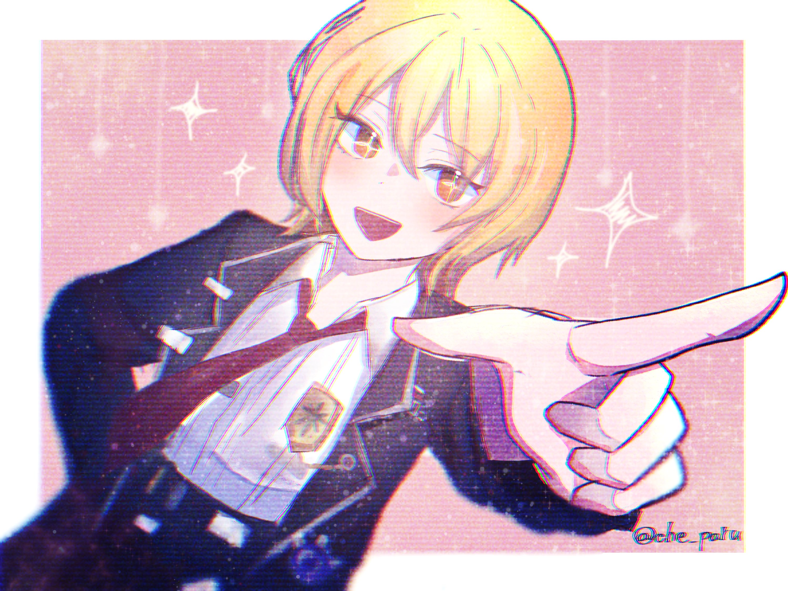 don quixote (project moon), limbus company, project moon, commentary, highres, + +, 1girl, :d, artist name, belt, black jacket, blonde hair, border, che paru, collared shirt, eyelashes, jacket, necktie, open mouth, outside border, pink background, pointing, red necktie, shirt, smile, solo, sparkle, twitter username, white border, white shirt, yellow eyes