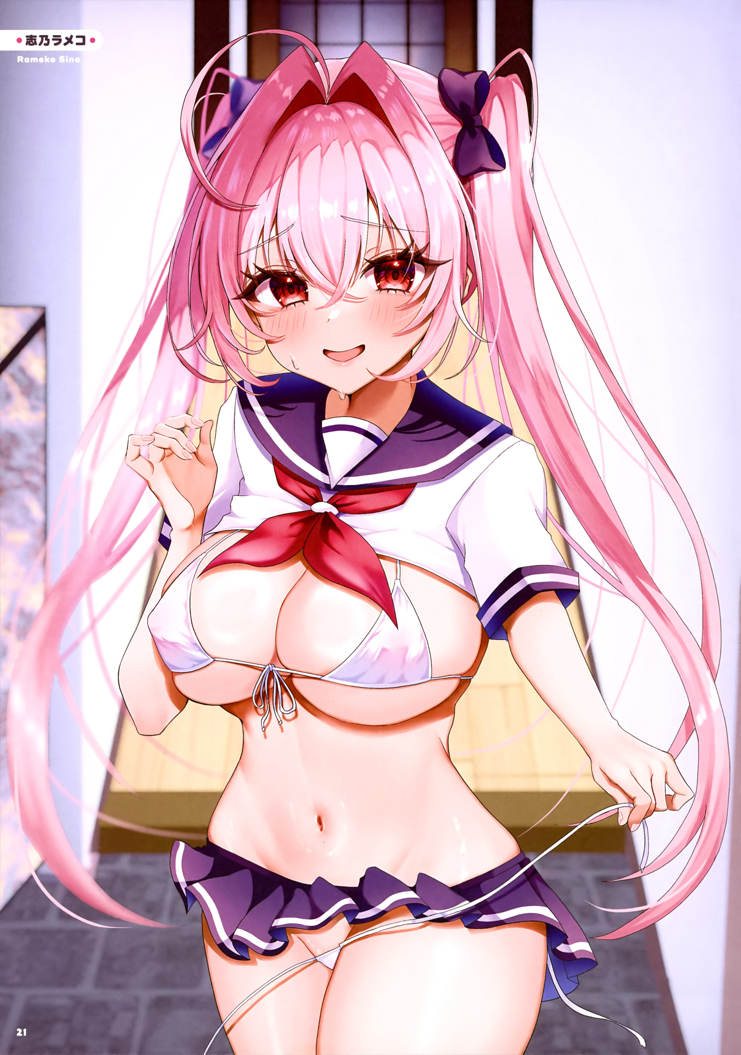 sino rameko, dengeki moeoh, original, absurdres, highres, magazine scan, scan, third-party source, 1girl, ahoge, artist name, bikini, black bow, blue skirt, blush, bow, breasts, cleavage, clothes lift, covered erect nipples, cowboy shot, crossed bangs, front-tie bikini top, front-tie top, groin, hair between eyes, hair bow, hair intakes, huge ahoge, indoors, large breasts, long hair, looking at viewer, micro bikini, microskirt, navel, neckerchief, nervous smile, nervous sweating, open clothes, open mouth, page number, pink hair, pleated skirt, red eyes, red neckerchief, school uniform, serafuku, shiny skin, shirt lift, shirt rolled up, short sleeves, side-tie bikini bottom, skirt, smile, solo, stomach, strap pull, sweat, swimsuit, twintails, untied bikini, untied bikini bottom, very long hair, white bikini