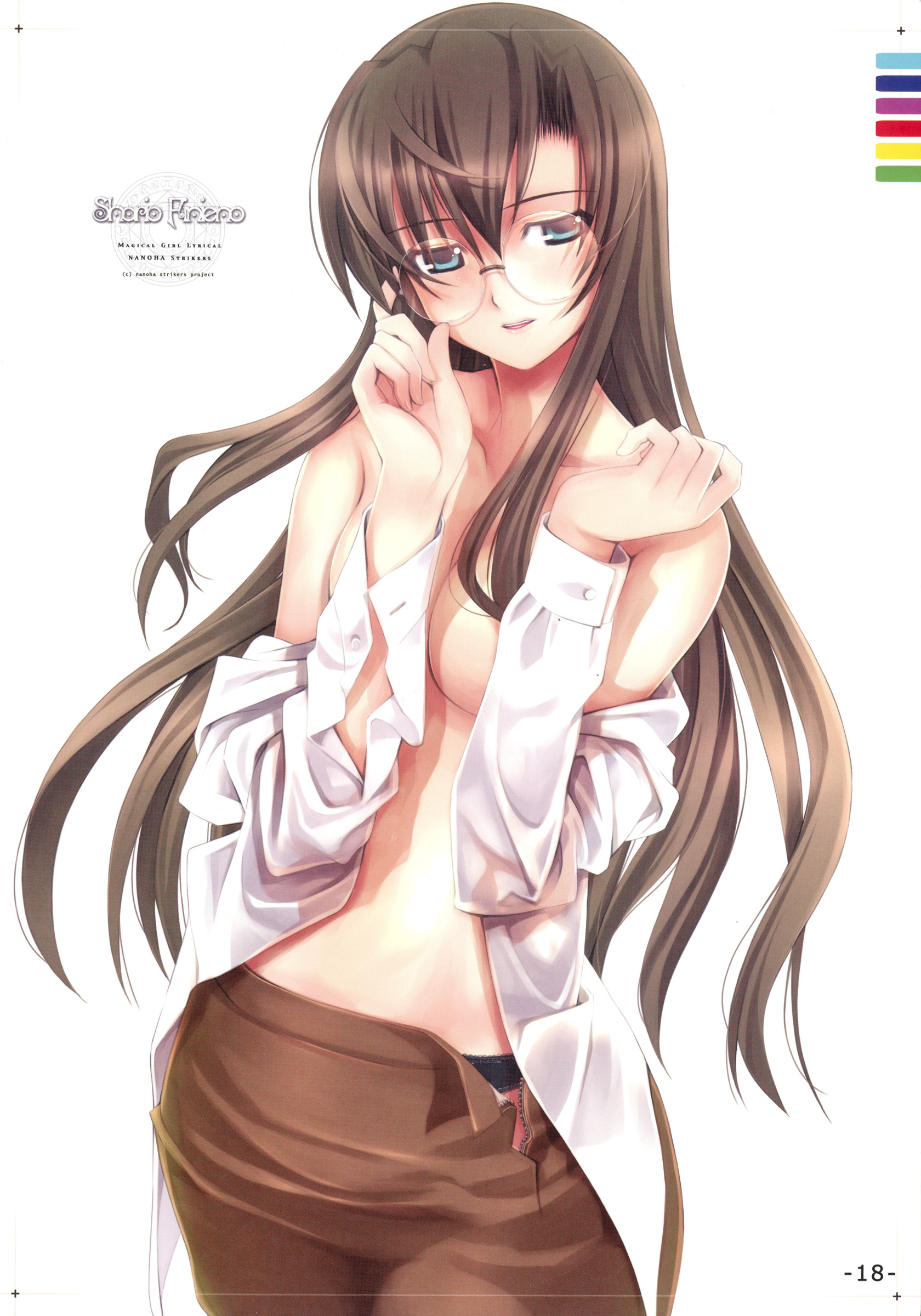mikazuki akira!, shario finieno, lyrical nanoha, mahou shoujo lyrical nanoha, mahou shoujo lyrical nanoha strikers, absurdres, highres, 00s, 1girl, adjusting eyewear, blue eyes, breasts, brown hair, covering breasts, covering privates, female focus, glasses, long hair, panties, pencil skirt, skirt, solo, underwear, undressing