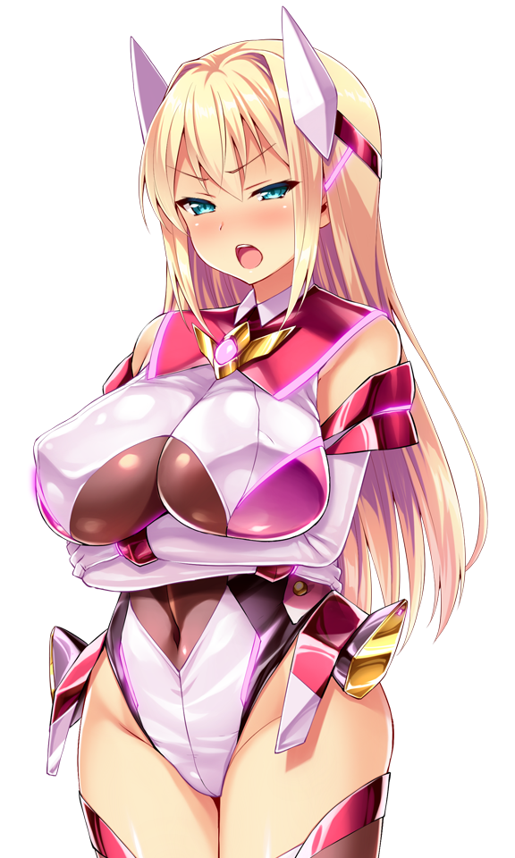 satou kuuki, ayazaki shizuku, ys flare, soukou seiki ysphere, game cg, large variant set, non-web source, official art, variant set, 1girl, :o, aqua eyes, arms under breasts, bare shoulders, blonde hair, blue eyes, blush, breasts, covered erect nipples, covered navel, cowboy shot, crossed arms, elbow gloves, gloves, glowing, green eyes, half-closed eyes, headgear, highleg, highleg leotard, huge breasts, legs together, leotard, long hair, looking at viewer, magical girl, neon trim, nose blush, open mouth, shiny clothes, sidelocks, simple background, skin tight, solo, standing, teeth, thighhighs, transparent background, v-shaped eyebrows, white background, white gloves