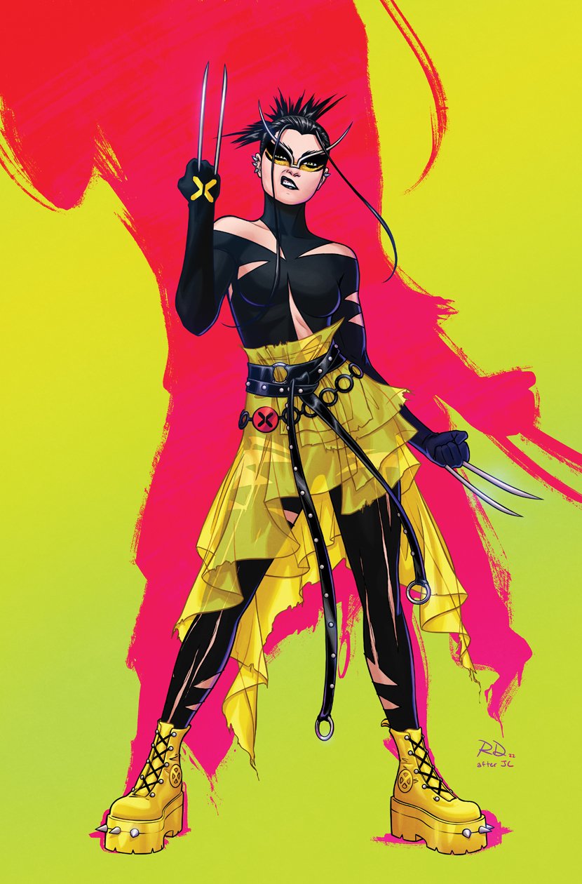 russell dauterman, laura kinney, wolverine (x-men), marvel, x-men, comic cover, commentary, english commentary, highres, official art, 1girl, belt, black belt, black bodysuit, black gloves, black hair, black lips, bodysuit, boots, claws, clenched hands, eyeshadow, full body, gloves, green background, grey eyes, initial, linea alba, looking at viewer, makeup, multiple piercings, official alternate costume, pink background, platform boots, ponytail, skirt, solo, torn bodysuit, torn clothes, yellow boots, yellow eyeshadow, yellow skirt