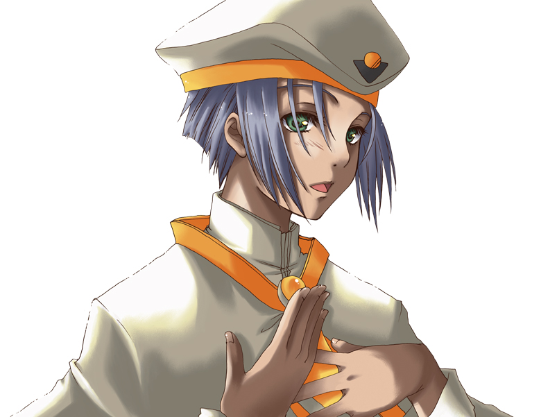 yuuna katsumi, athena glory, aria (manga), silver hair, uniform, 00s, 1girl, female focus, green eyes, hand on another's chest, hand on own chest, hat, open mouth, short hair, simple background, solo
