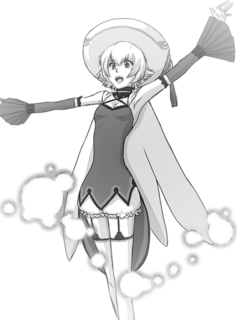 kitsune san, atoli, .hack//, .hack//g.u., bandai, cyber connect 2, 00s, 1girl, breasts, choker, detached sleeves, dress, female focus, hat, monochrome, open mouth, short hair, small breasts, solo, thighhighs