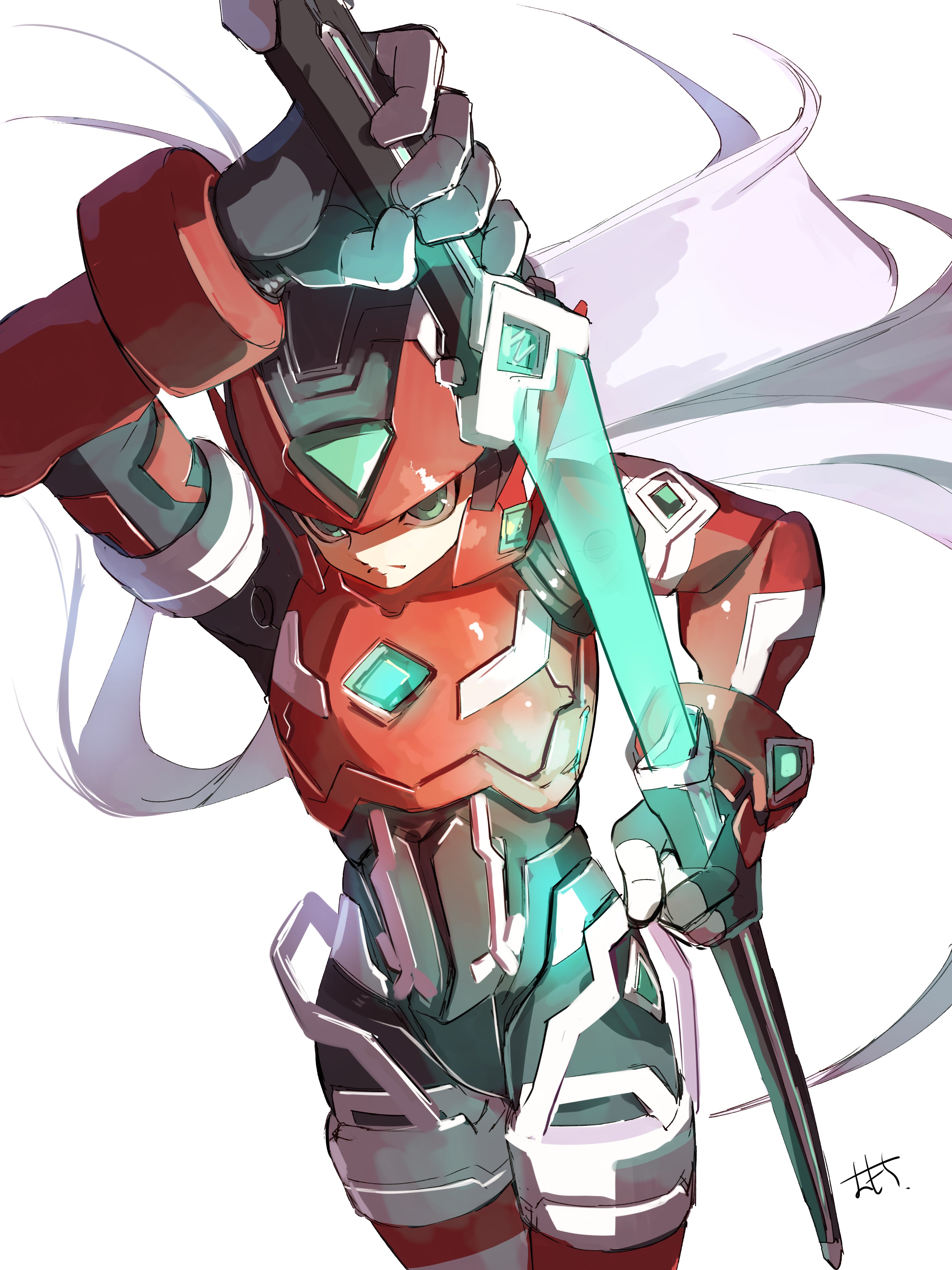 omochi (mochi skymega), zero(z) (mega man), zero (mega man), mega man (series), mega man zero (series), absurdres, commentary request, highres, 1boy, armor, black eyes, chest jewel, cowboy shot, energy sword, forehead jewel, grey hair, helmet, holding, holding sword, holding weapon, long hair, mythos zero (mega man), red armor, red helmet, solo, sword, weapon