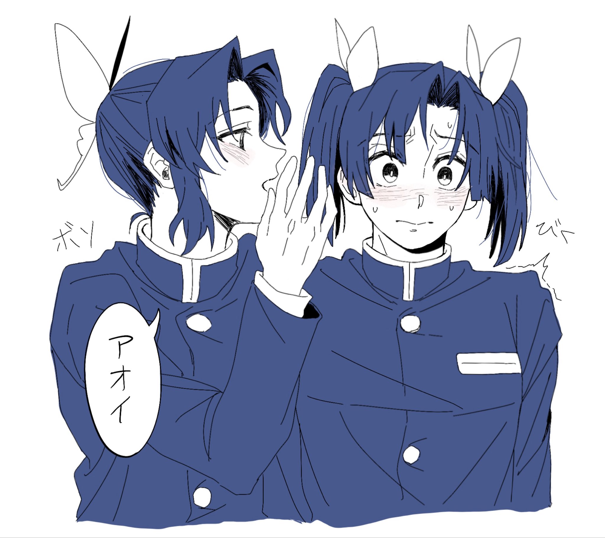 meganeee31, sijima, kanzaki aoi (kimetsu no yaiba), kochou shinobu, kimetsu no yaiba, commentary request, highres, 2girls, blue theme, blush, butterfly hair ornament, buttons, closed mouth, cropped torso, demon slayer uniform, hair ornament, hand up, long hair, long sleeves, looking ahead, looking at another, monochrome, multiple girls, nervous, nervous sweating, open mouth, parted bangs, short hair, simple background, sound effects, speech bubble, sweat, trembling, twintails, upper body, white background, wide-eyed, yuri