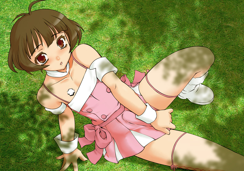 ruuen rouga, akizuki ryo, idolmaster, idolmaster dearly stars, 00s, 1boy, antenna hair, armband, bare shoulders, boots, brown eyes, bulge, covering crotch, covering privates, crossdressing, crossdressing (mtf), cuffs, cute & girly (idolmaster), erection, erection under clothes, jewelry, looking at viewer, male focus, necklace, open mouth, pleated skirt, skirt, skirt tug, solo, thigh strap, thighhighs, trap