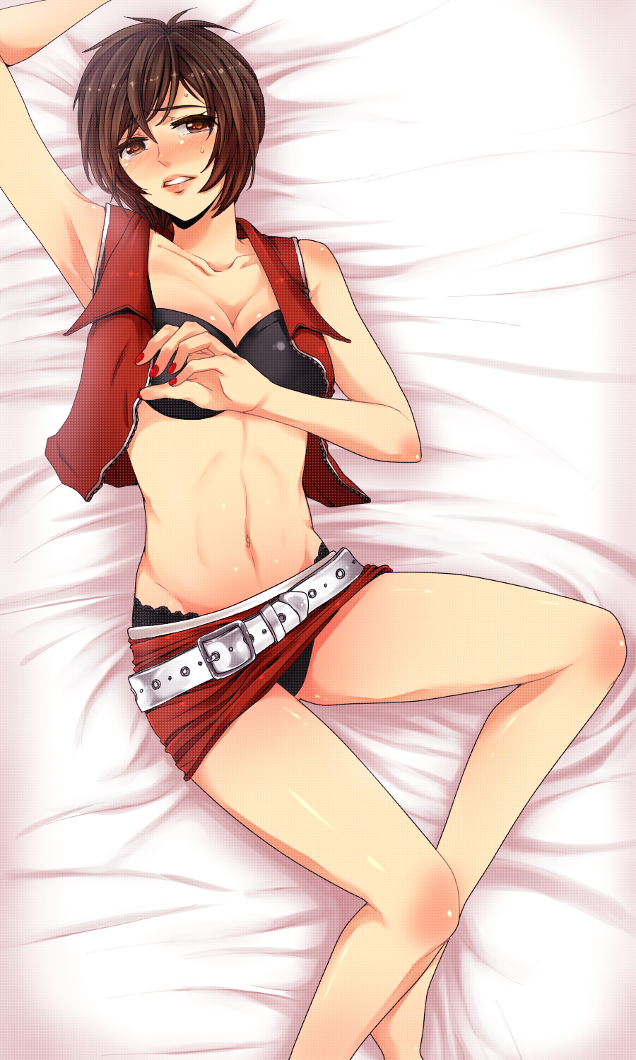rioka (orangia), meiko (vocaloid), vocaloid, bad id, bad pixiv id, highres, 1girl, black panties, blush, breasts, brown eyes, brown hair, cleavage, female focus, midriff, nail polish, navel, panties, red nails, short hair, skirt, solo, sweat, tears, underwear