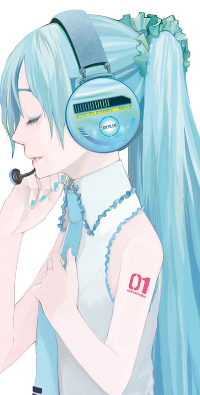 honoka (pandatype), honoka (pixiv130846), hatsune miku, vocaloid, bad id, bad pixiv id, 1girl, aqua eyes, aqua hair, closed eyes, female focus, headphones, headset, lips, long hair, necktie, simple background, smile, solo, twintails, white background