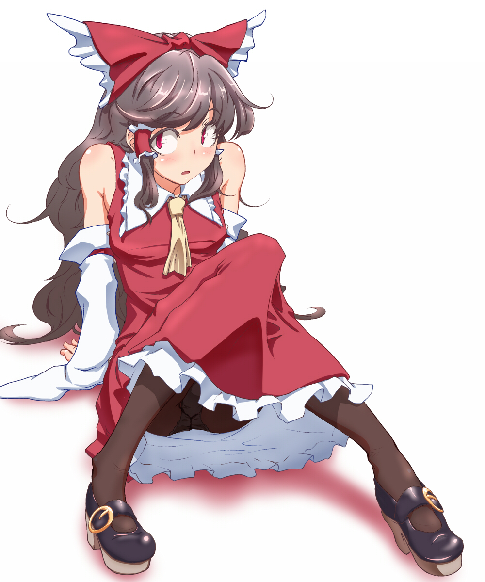 aya shachou, hakurei reimu, touhou, highres, 1girl, arm support, bare shoulders, black pantyhose, bow, brown hair, colored eyelashes, detached sleeves, eyelashes, female focus, japanese clothes, long hair, mary janes, miko, panties, panties under pantyhose, pantyhose, pantyshot, red eyes, shoes, sitting, solo, underwear