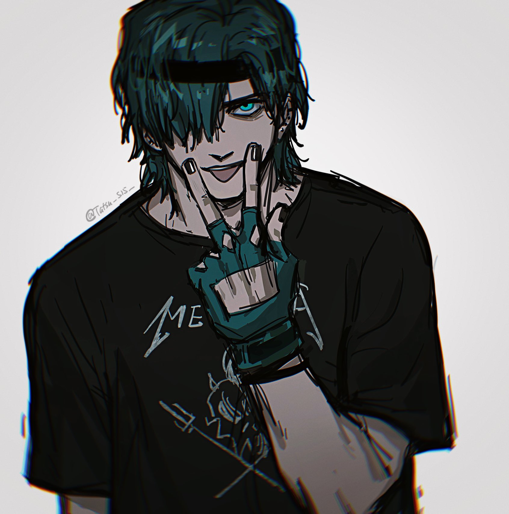 tatsu (tatsumccree), biker (hotline miami), hotline miami, commentary, english commentary, highres, 1boy, alternate costume, black headband, black nails, black shirt, fingerless gloves, gloves, green eyes, green hair, hair over one eye, headband, looking at viewer, male focus, shirt, short hair, simple background, solo, t-shirt, tongue, tongue out, upper body, v, v over mouth, white background