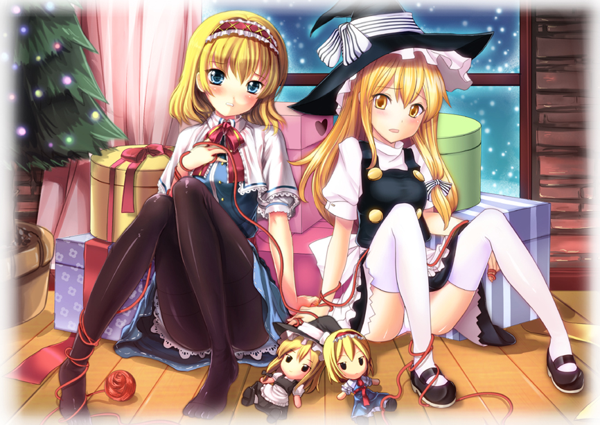 miyuki rei, sadakofxe, alice margatroid, kirisame marisa, touhou, artist collaboration, bad id, bad pixiv id, 2girls, apron, blonde hair, blue eyes, border, buttons, capelet, character doll, doll, dress, fading border, female focus, hair ribbon, hairband, hat, legs, long hair, long legs, mary janes, multiple girls, panties, panties under pantyhose, pantyhose, ribbon, shoes, short hair, sitting, string, string of fate, thighhighs, underwear, white thighhighs, window, witch, witch hat, yellow eyes