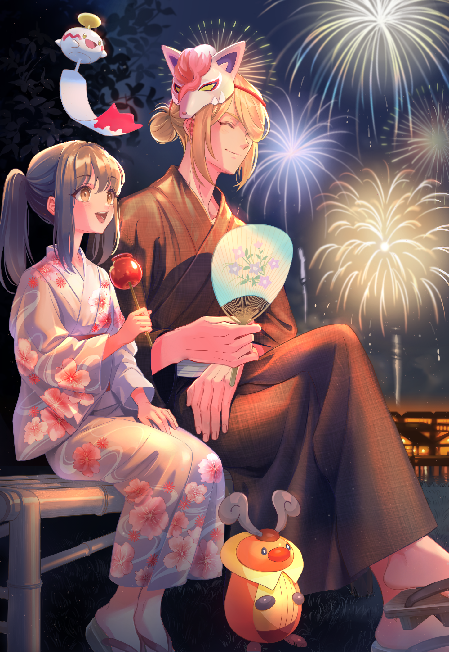 mitama (mokochiko), akari (pokemon), chimecho, hisuian zoroark, kricketot, volo (pokemon), nintendo, pokemon, pokemon legends: arceus, commentary, highres, 1boy, 1girl, aerial fireworks, black hair, blonde hair, candy apple, crossed legs, fireworks, floral print, floral print kimono, food, gen 3 pokemon, gen 4 pokemon, hair bun, hand fan, holding, holding fan, holding food, japanese clothes, kimono, mask, mask on head, night, ponytail, print kimono, sandals, single hair bun, sitting, smile