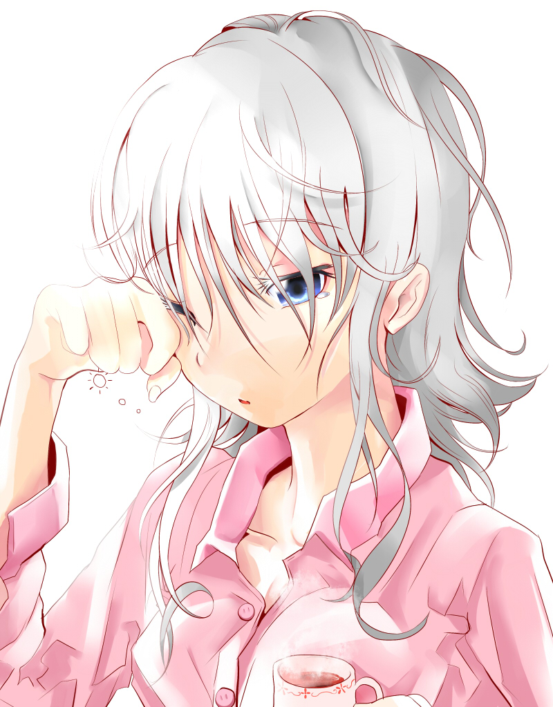 aldehyde, izayoi sakuya, touhou, eyebrows, bad id, bad pixiv id, 1girl, blush, collared shirt, female focus, long sleeves, rubbing eyes, shirt, simple background, sleepy, solo, upper body, white background