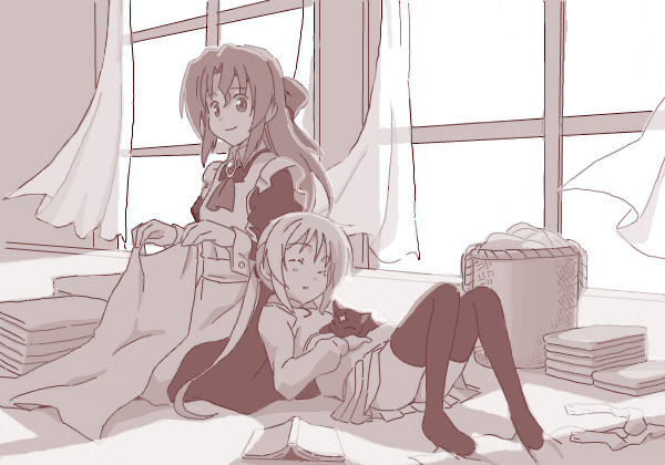 segawa haruna, maria (hayate no gotoku!), sanzen'in nagi, shiranui (hayate no gotoku), hayate no gotoku!, bad id, 00s, 2girls, cat, laundry, long hair, lying, maid, monochrome, multiple girls, pink theme, sleeping, slice of life, thighhighs, twintails, window