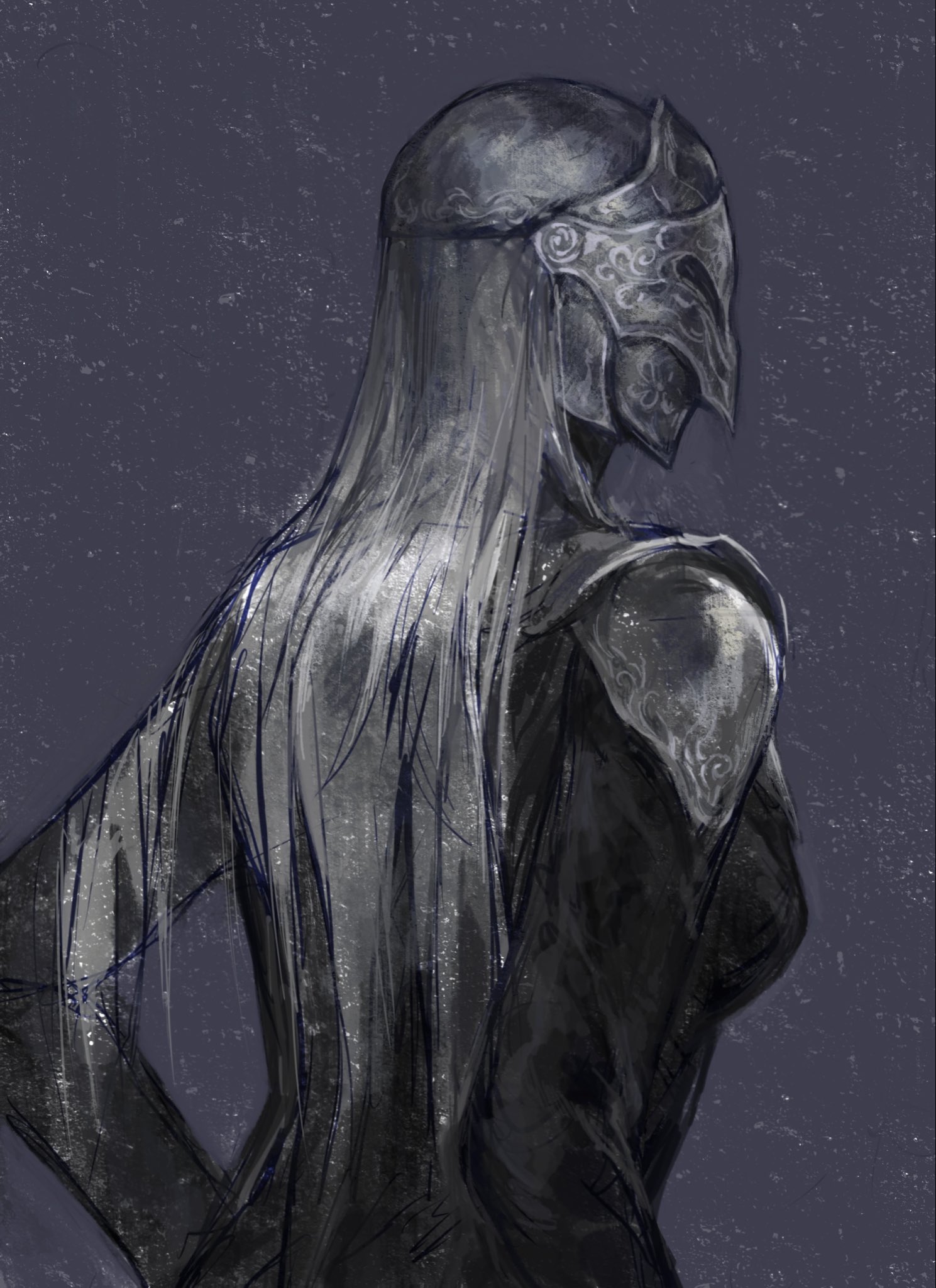 yuria of londor, dark souls (series), dark souls iii, highres, 1girl, black background, covered face, facing away, from behind, grey hair, jivynni, long hair, mask, solo, standing, upper body