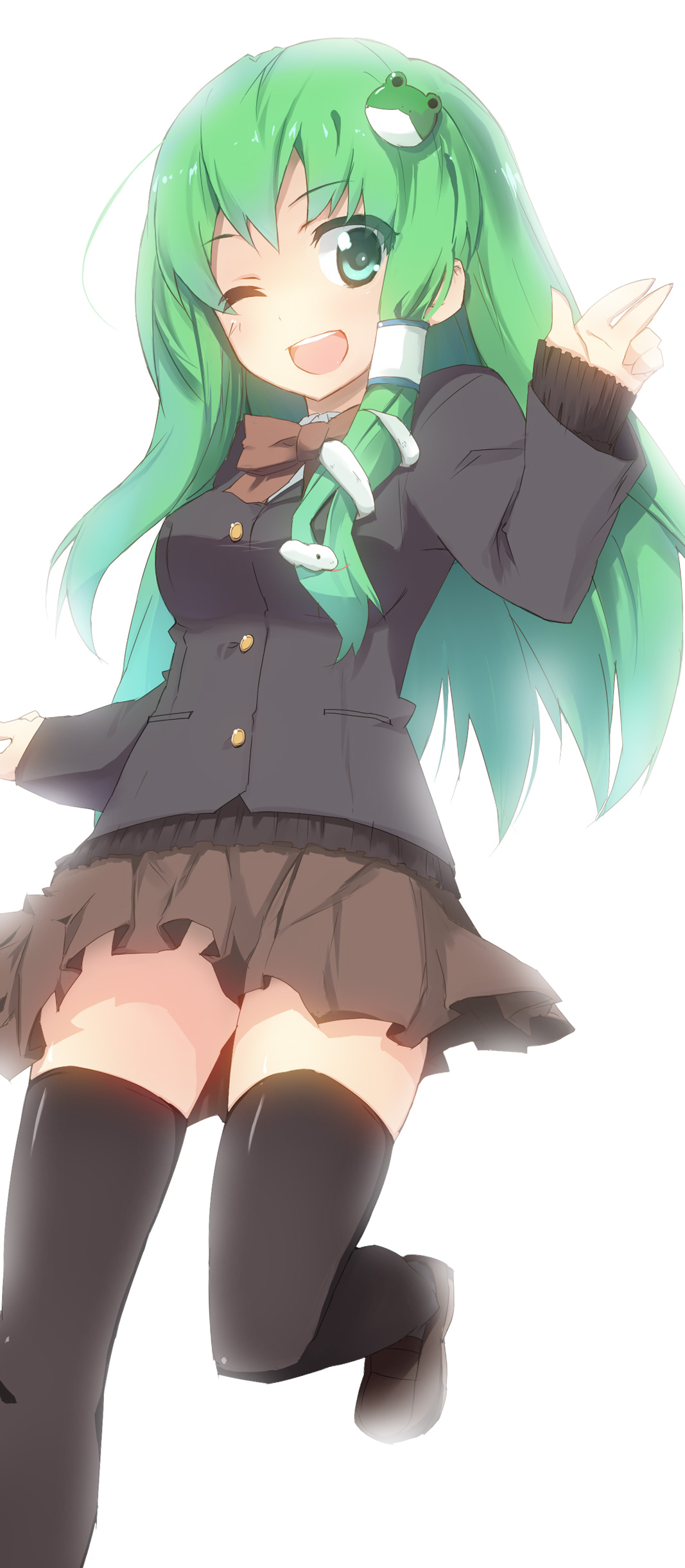 h@ll, kochiya sanae, touhou, absurdres, bad id, bad pixiv id, highres, 1girl, alternate costume, contemporary, female focus, frog, green eyes, green hair, hair ornament, matching hair/eyes, one eye closed, school uniform, skirt, smile, snake, solo, thighhighs, wink, zettai ryouiki