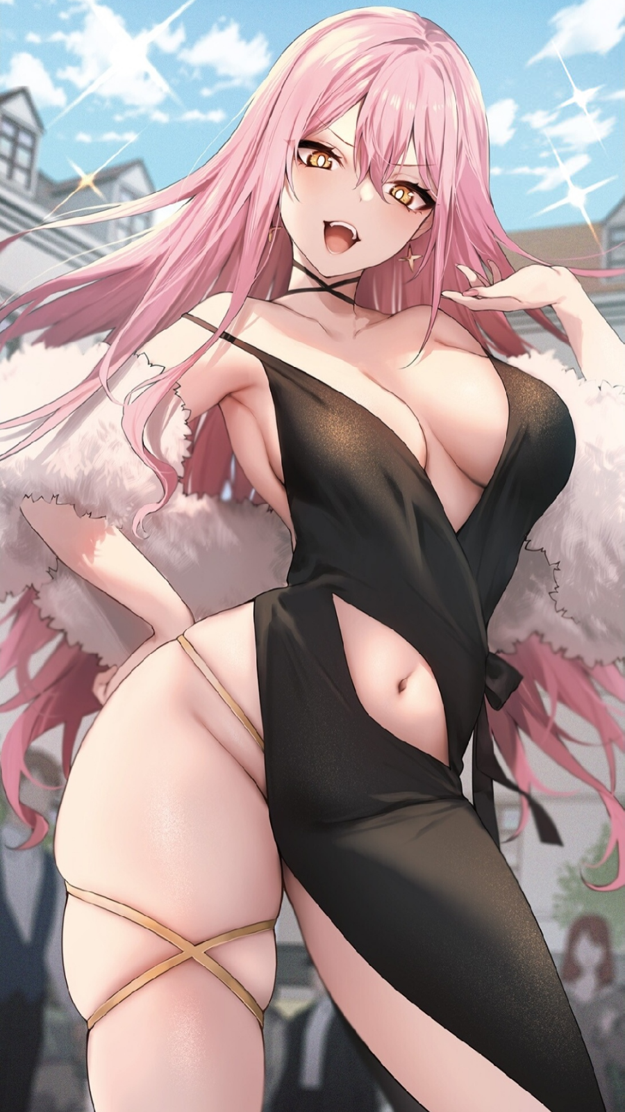 danimaru, eiyuu fuufu no tsumetai shinkon seikatsu, detexted, highres, novel illustration, official art, third-party edit, third-party source, >:p, 2boys, 2girls, asymmetrical dress, blue sky, breasts, breasts apart, bright pupils, brown hair, clothing cutout, cloud, curvy, dress, earrings, fur shawl, groin, hair flip, hand on own hip, house, jacket, jewelry, long hair, market (eiyuu fuufu no tsumetai shinkon seikatsu), multiple boys, multiple girls, navel, navel cutout, no bra, pencil dress, pink hair, plunging neckline, shawl, single bare leg, sky, smirk, solo focus, sparkle, standing, star (symbol), star earrings, string around neck, suit jacket, thigh strap, very long hair, white pupils, yellow eyes